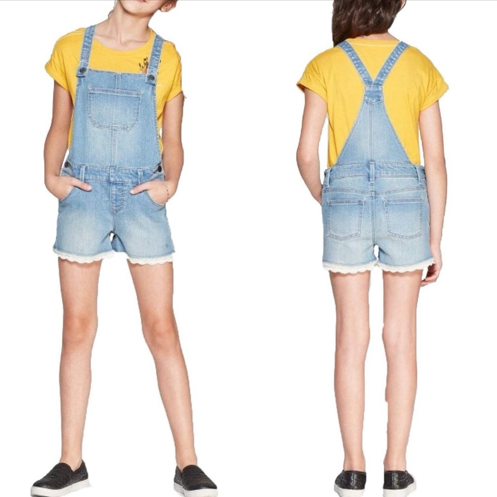 Cat & Jack Girls' Shortalls Eyelet Crochet‎ - Light Denim Blue Size M (7/8)